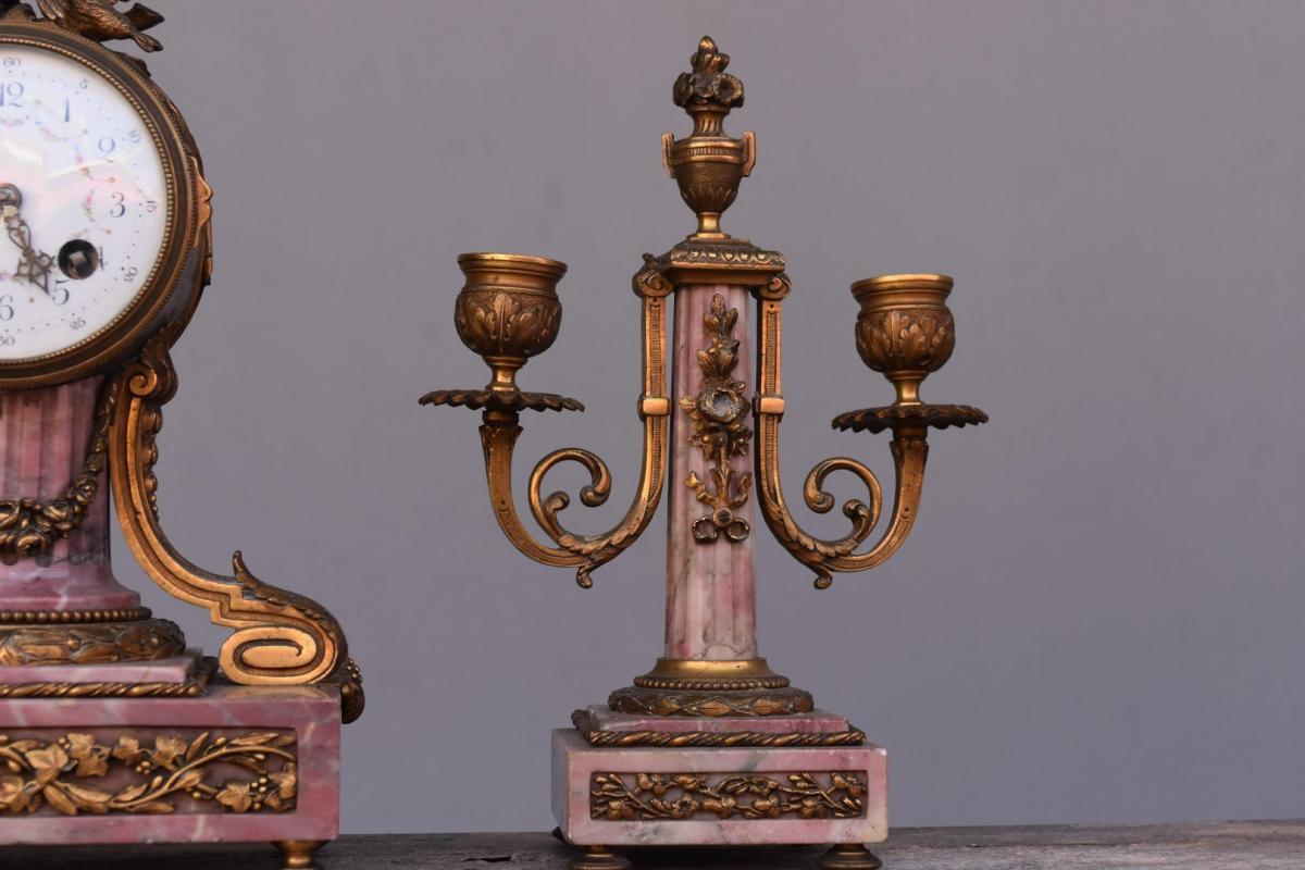Garniture De Style Louis XVI Bronze Et Marbre Fleur De Pécher XIXème-photo-3