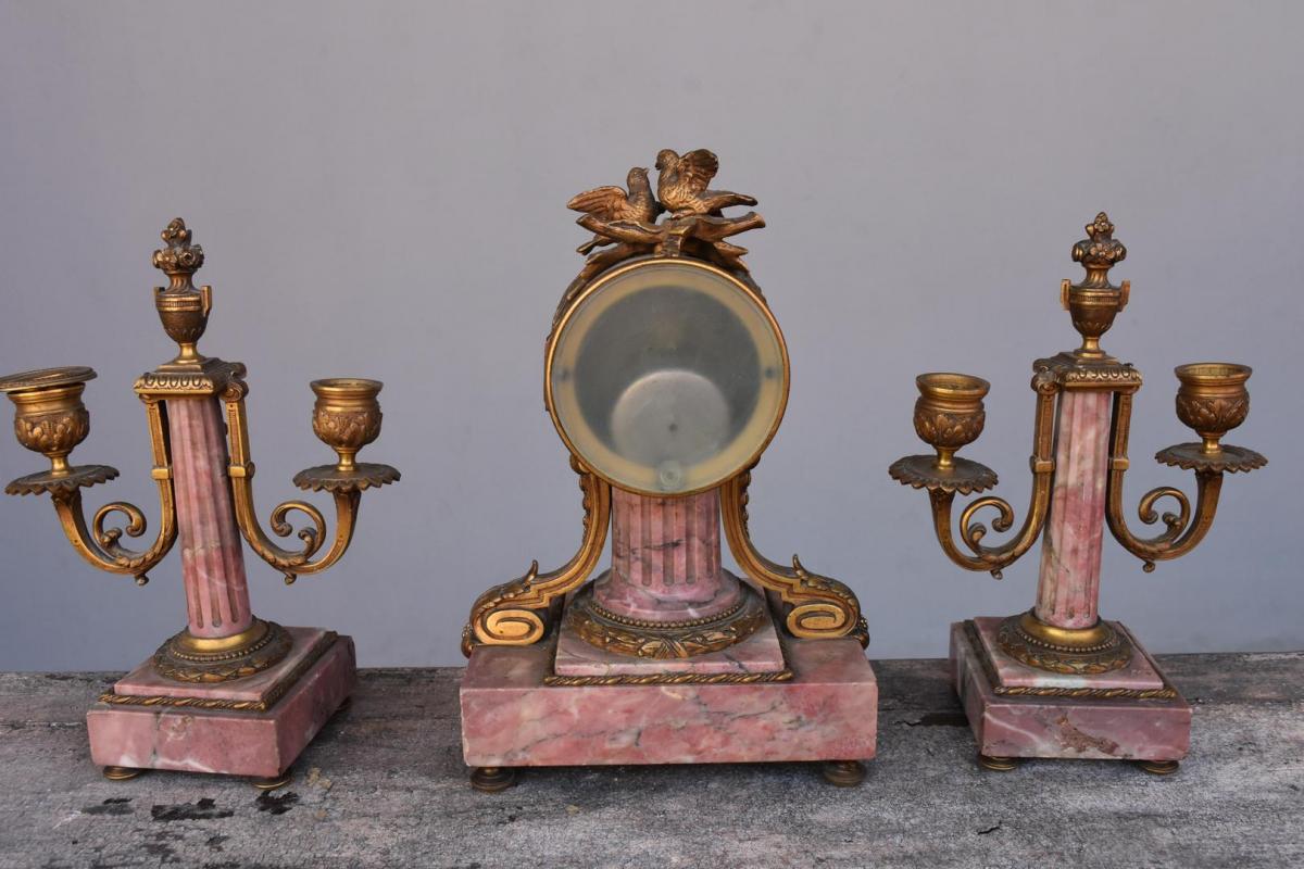 Garniture De Style Louis XVI Bronze Et Marbre Fleur De Pécher XIXème-photo-6