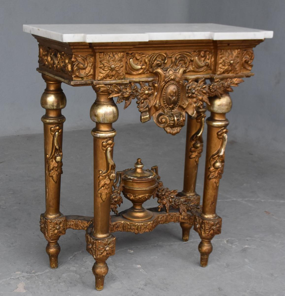 Console Wood And Stucco Golden Top Marble Late Nineteenth Time-photo-2