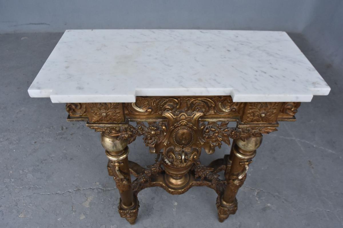 Console Wood And Stucco Golden Top Marble Late Nineteenth Time-photo-5