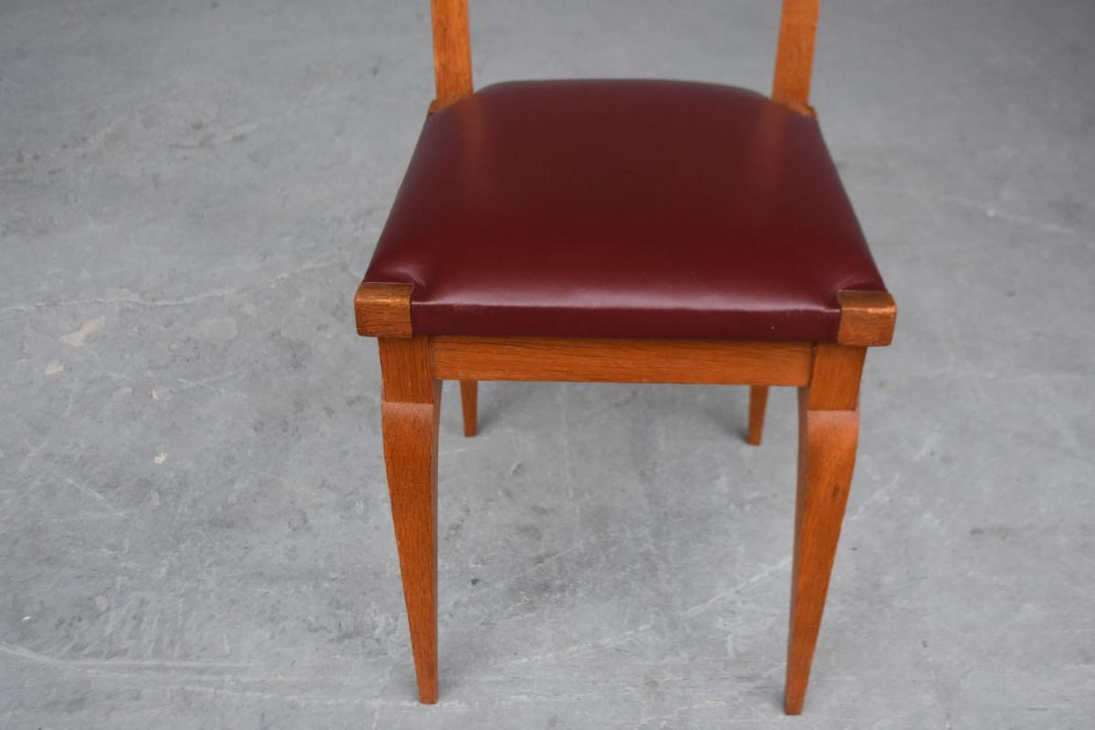 Series Of 6 Oak Chairs Leather Top 1930s By Auguste Vallin-photo-2