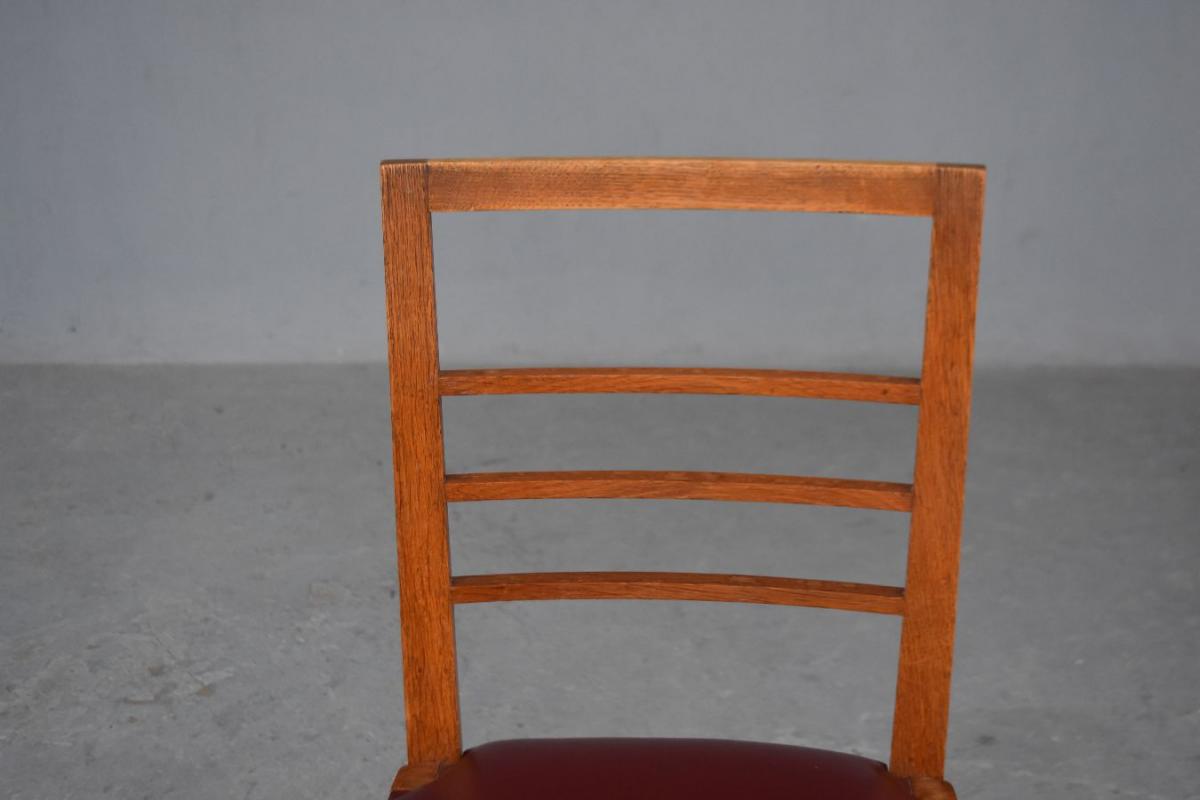 Series Of 6 Oak Chairs Leather Top 1930s By Auguste Vallin-photo-1