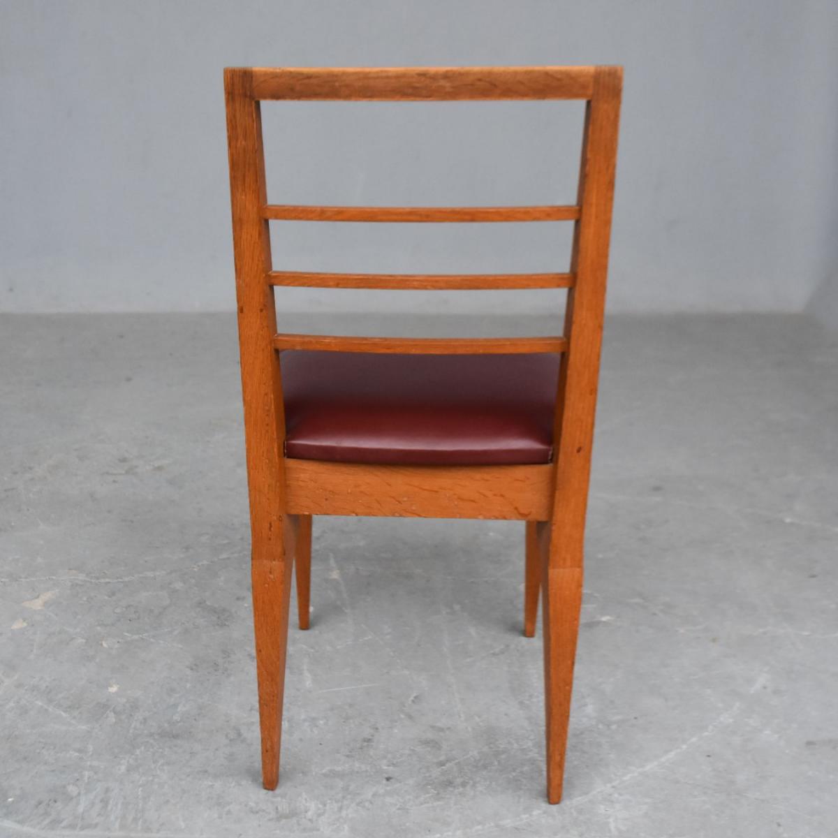 Series Of 6 Oak Chairs Leather Top 1930s By Auguste Vallin-photo-2
