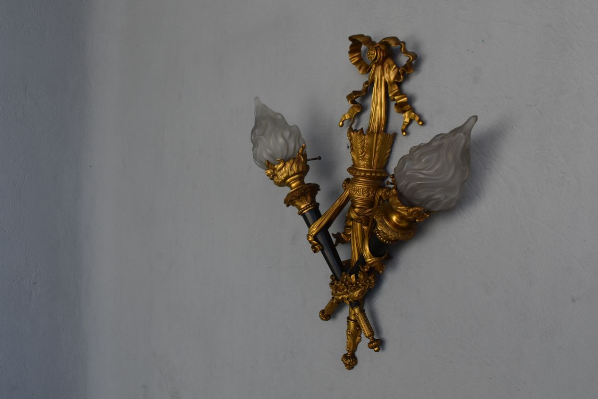 Paire d'Appliques Aux Flambeaux Bronze Style Louis XVI-photo-3
