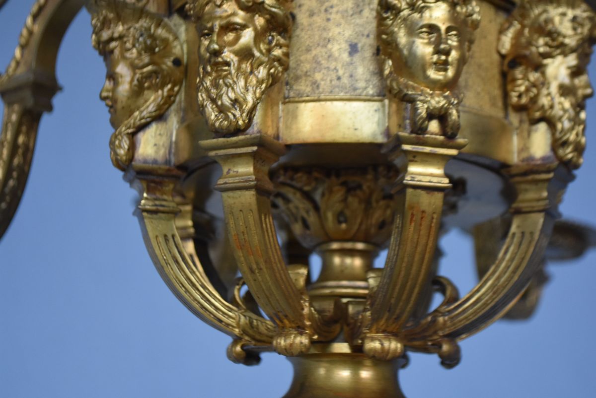  Chandelier Louis XIV Napoleon III Gilt Bronze Heads-photo-7
