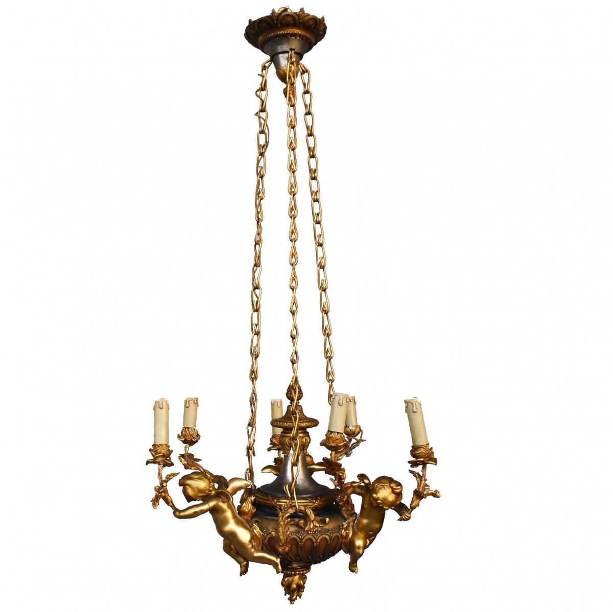 Lustre Aux Bébés Bronze Doré Napoléon III 