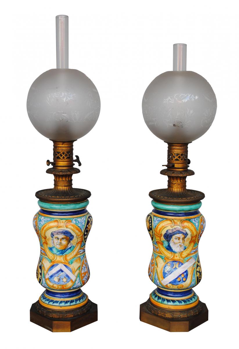 Pair Of Oil Lamps 1880 Italian Majolica