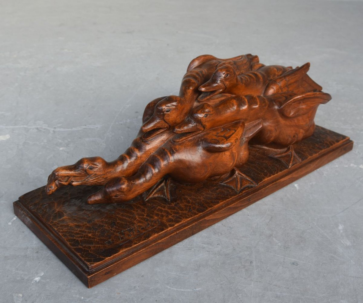 Geese Arguing For A Frog By H Petrilly Art Deco Wood Sculpture-photo-2