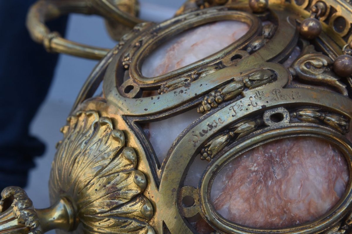 Lustre En Bronze Doré, Cristal Taillé Et Coupes En Albâtre Par Lelièvre Fonte Susse-photo-4