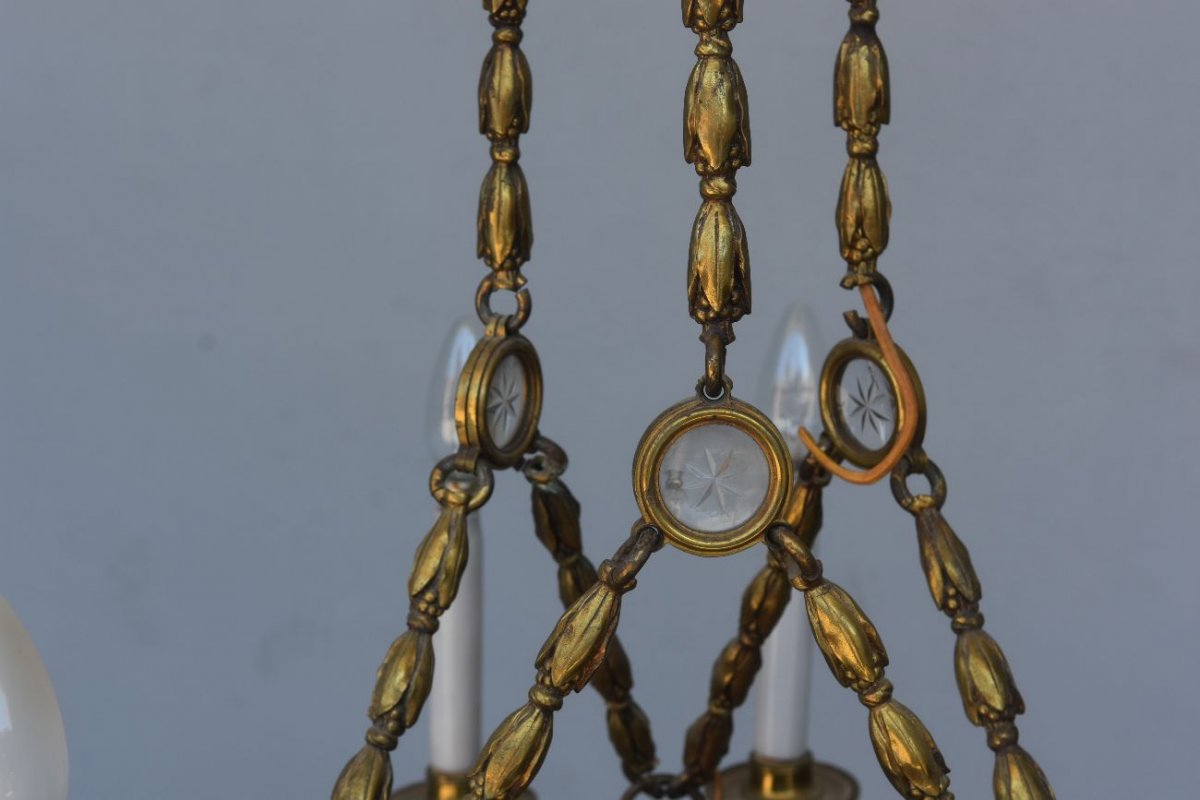 Chandelier In Gilt Bronze, Cut Crystal And Alabaster Cups By Lelièvre Fonte Susse-photo-2