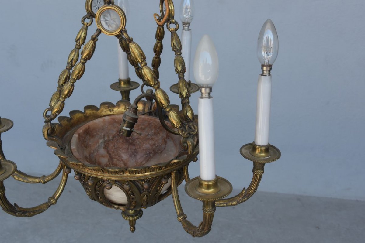 Chandelier In Gilt Bronze, Cut Crystal And Alabaster Cups By Lelièvre Fonte Susse-photo-5
