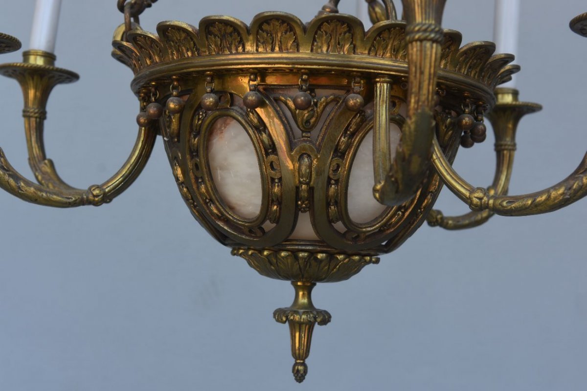 Chandelier In Gilt Bronze, Cut Crystal And Alabaster Cups By Lelièvre Fonte Susse-photo-6