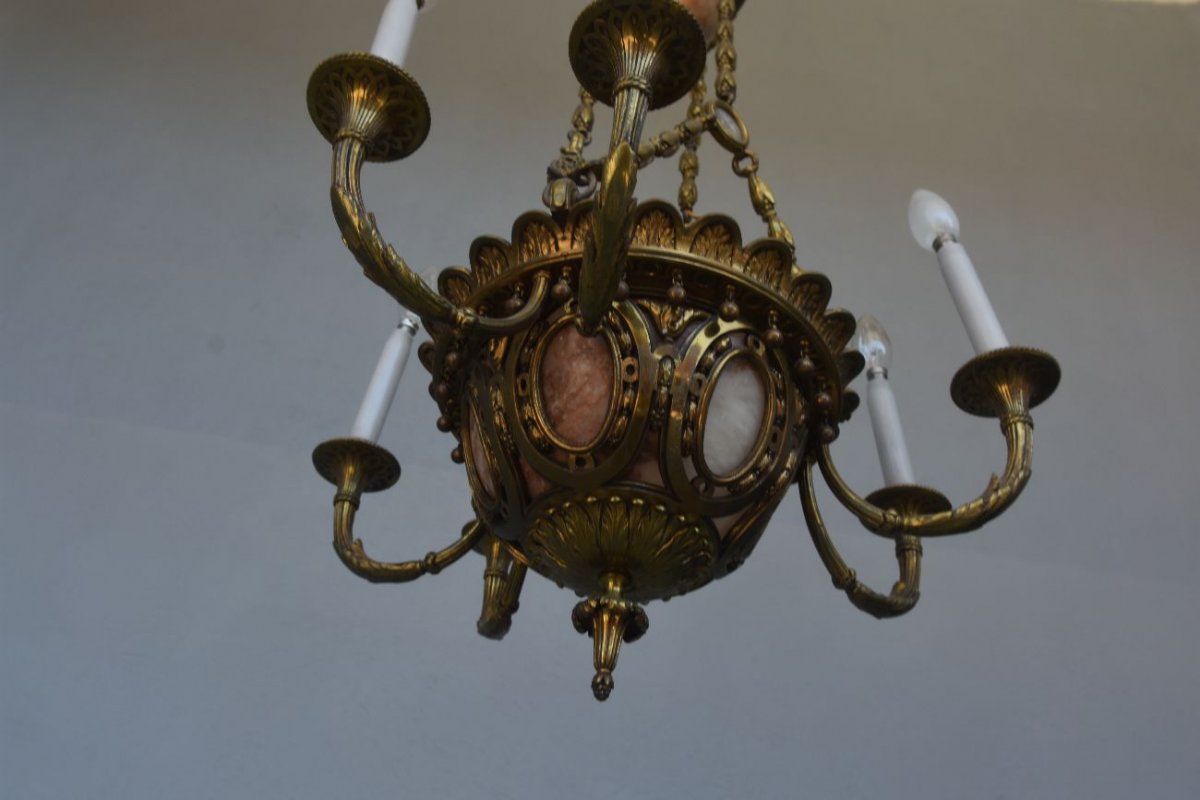 Chandelier In Gilt Bronze, Cut Crystal And Alabaster Cups By Lelièvre Fonte Susse-photo-7