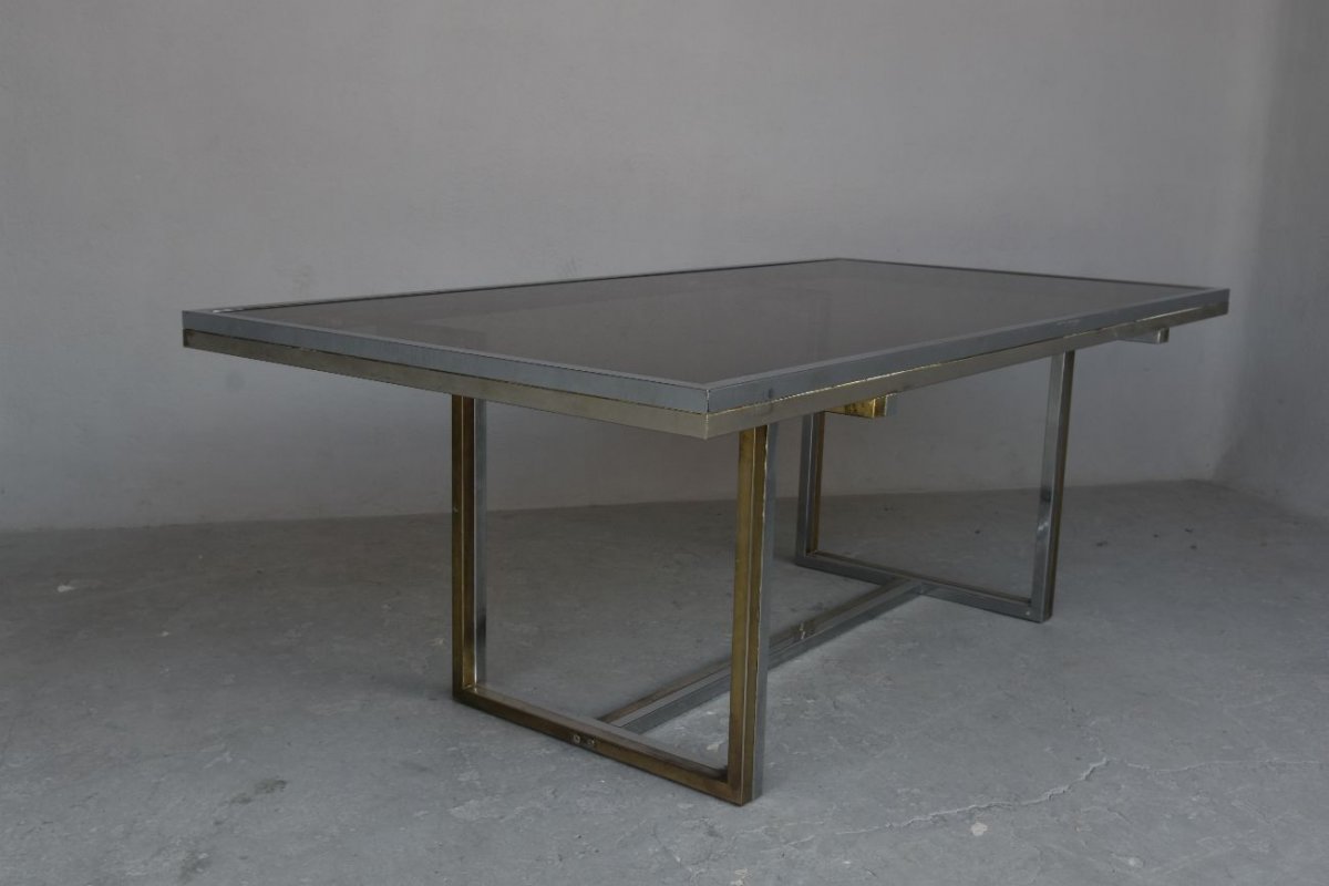 Vintage Table 1970 Chromed Metal And Glass-photo-3