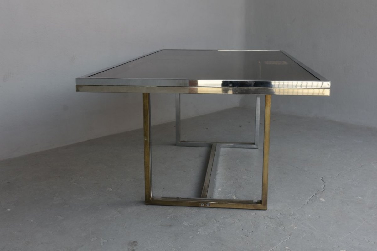 Vintage Table 1970 Chromed Metal And Glass-photo-4