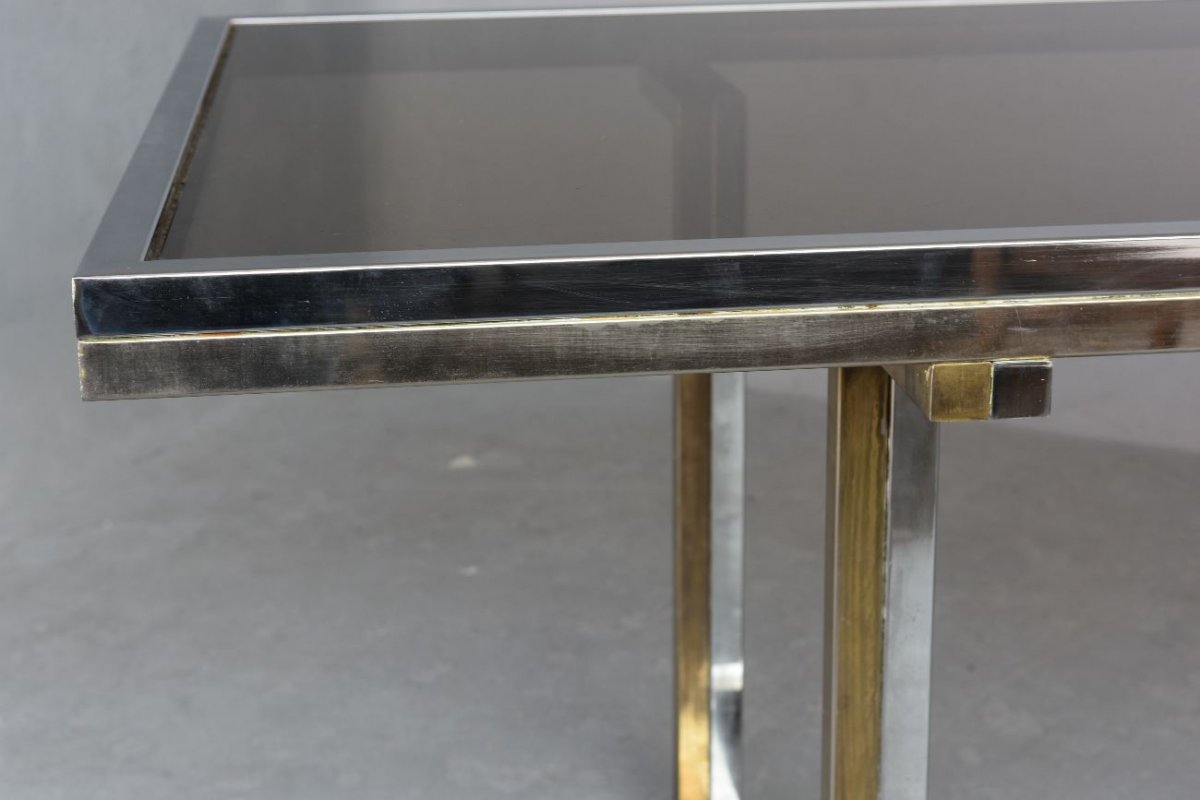 Vintage Table 1970 Chromed Metal And Glass-photo-5