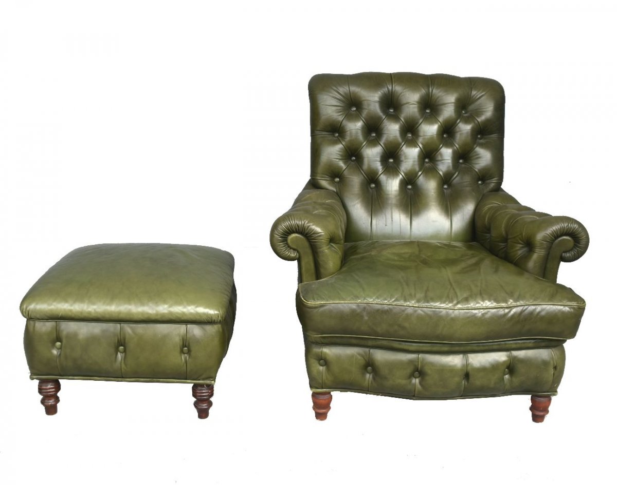 Fauteuil Cuir Chesterfield Olive Et Pouf -photo-2