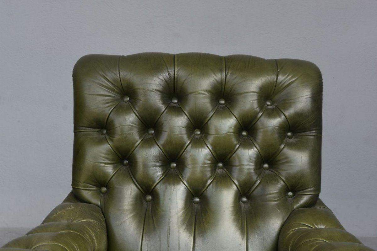 Chesterfield Leather Armchair Olive And Pouf-photo-2