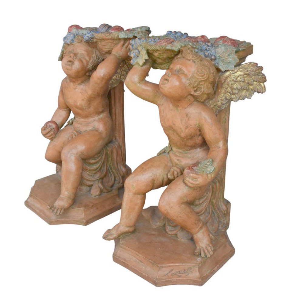 Pair Of Bacchus Babies In Polychrome Terracotta-photo-2