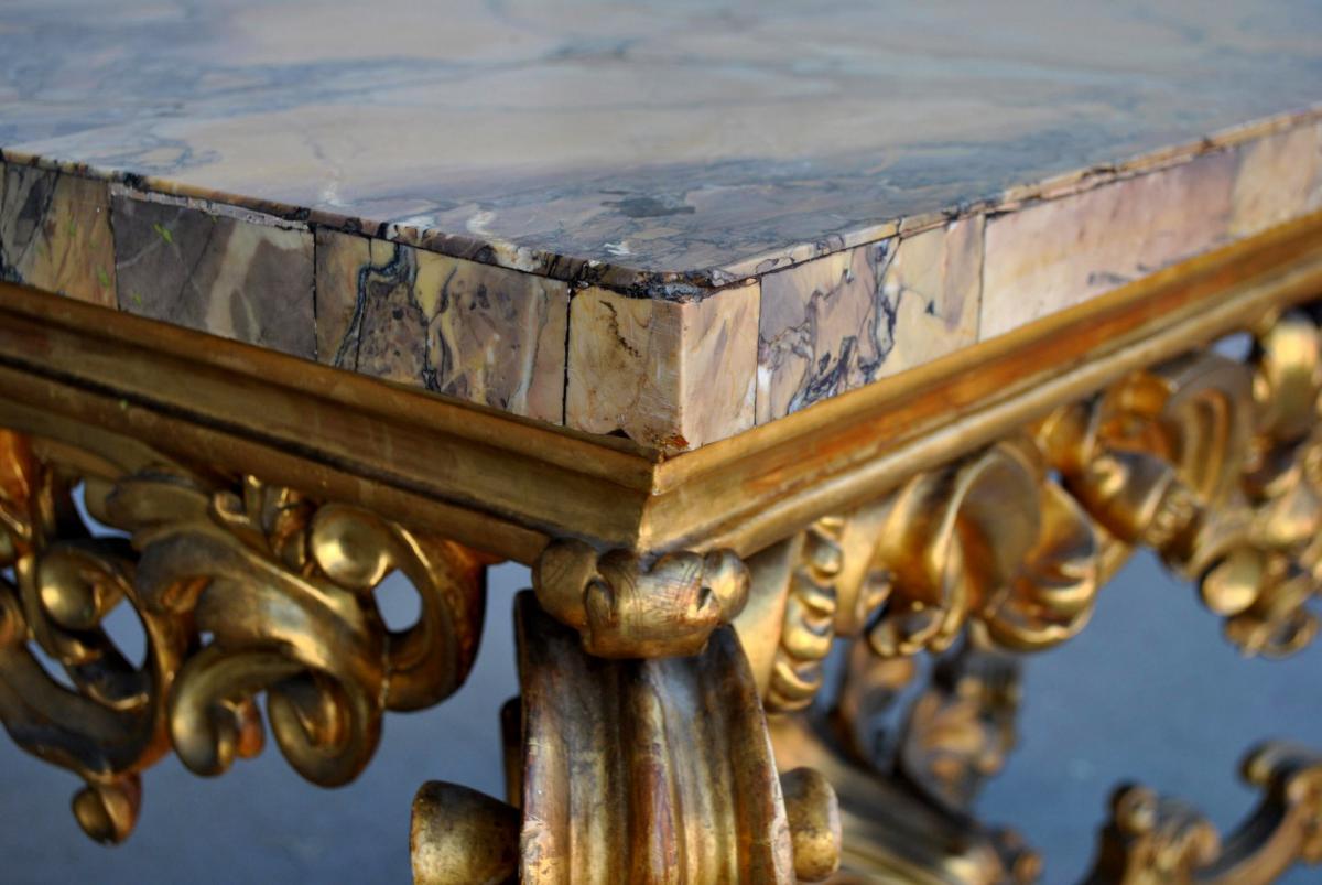 Great Console Rocaille Golden Wood Marble Roman Eighteenth-photo-3