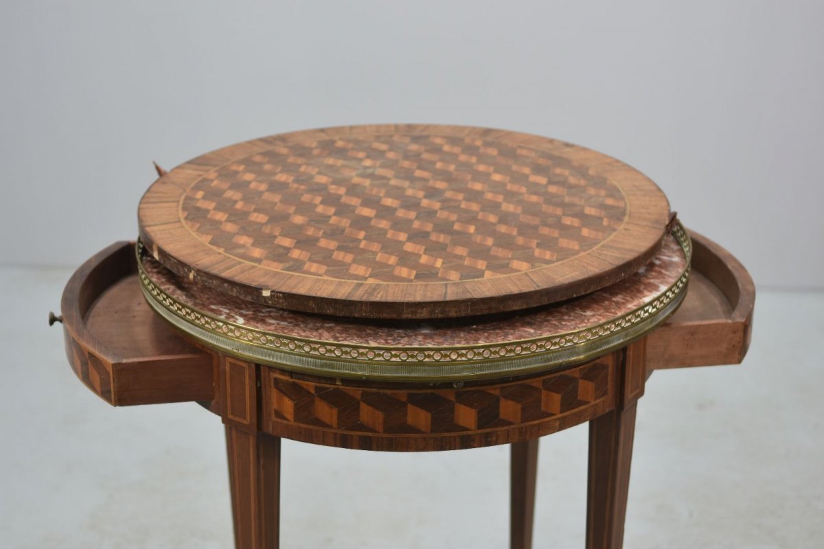 Table Bouillotte à Plateau Amovible Style Louis XVI Marquetée-photo-6