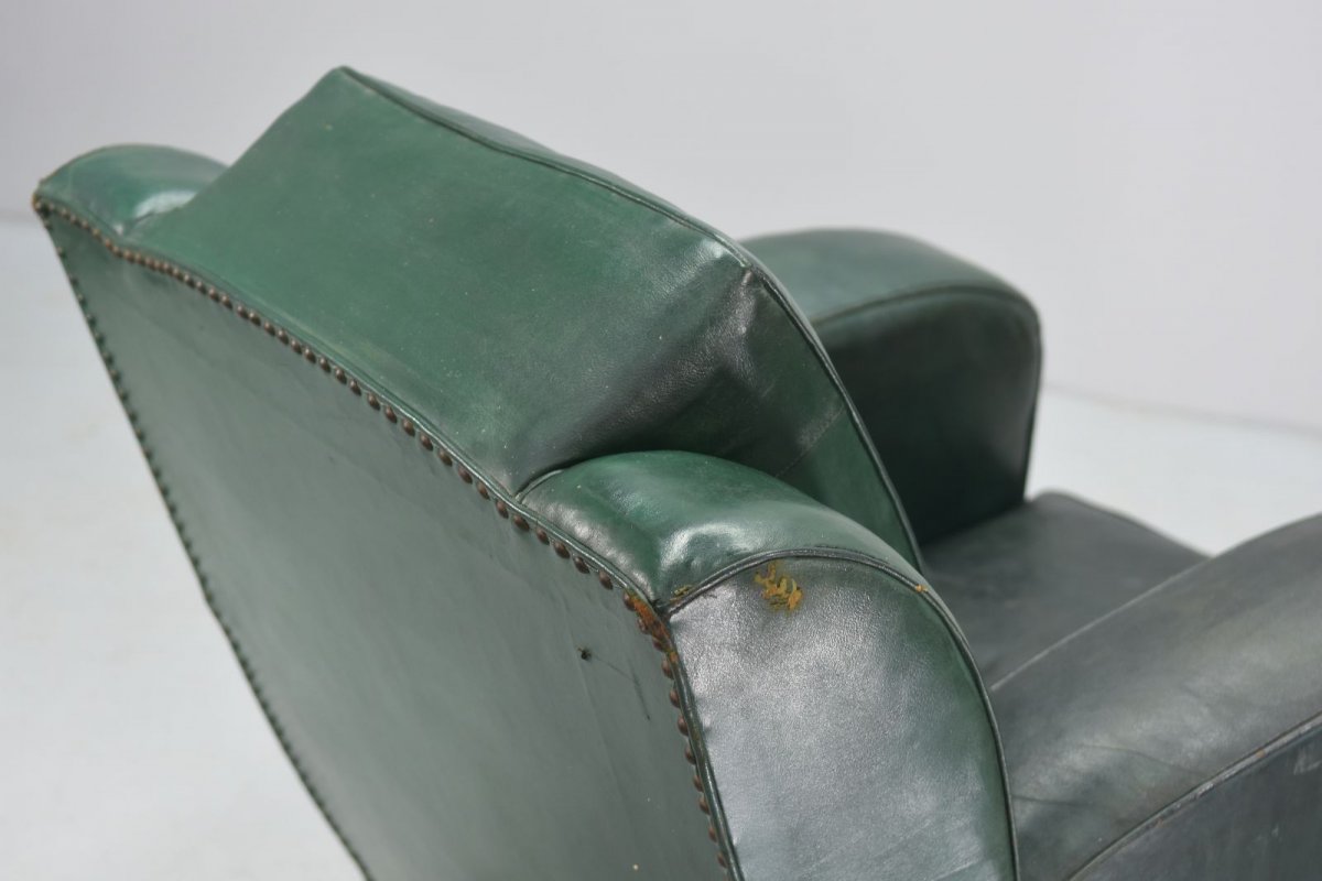 Club Chair In Green Leather Art Deco Period 1940-photo-3