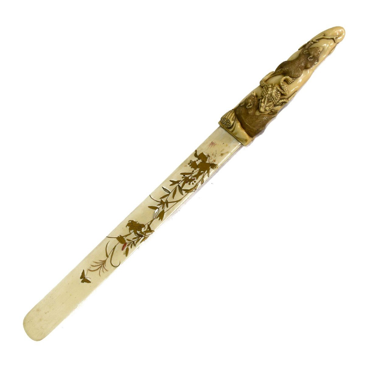 Japanese Letter Opener In Carved Ivory Nineteenth With Rats And Frogs