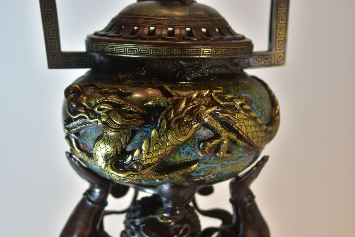 Japanese Bronze Incense Burner Nineteenth Dragon Character-photo-3