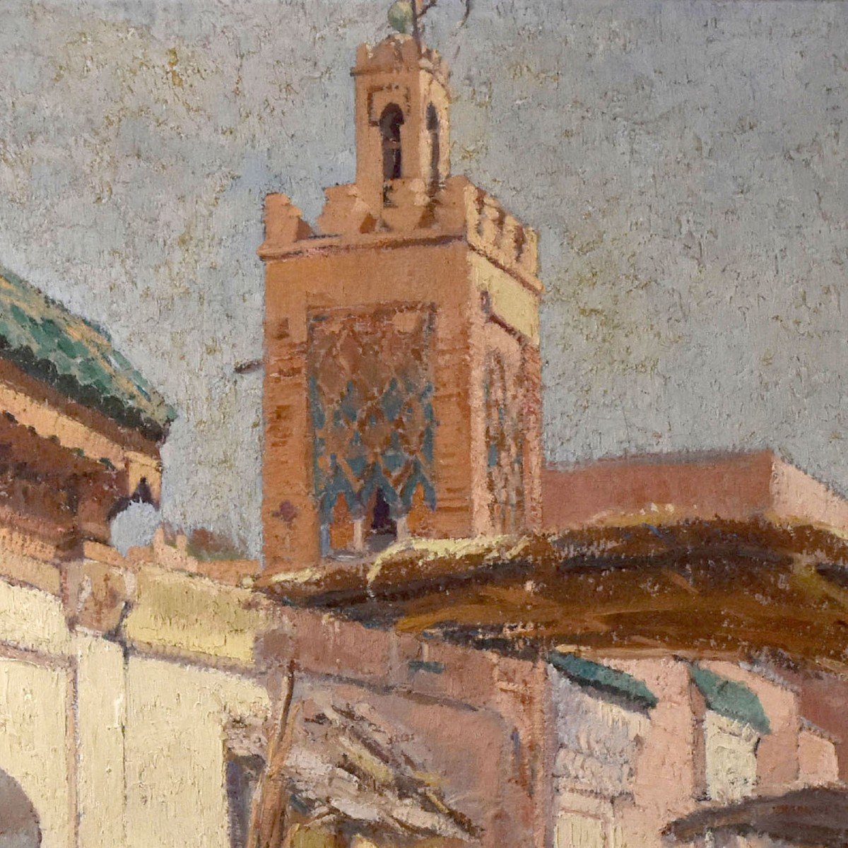 Oil On Canvas Mosque In Marakech By Paul Jean Anderbourh-photo-1