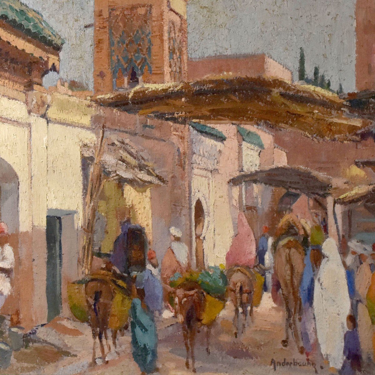 Oil On Canvas Mosque In Marakech By Paul Jean Anderbourh-photo-2