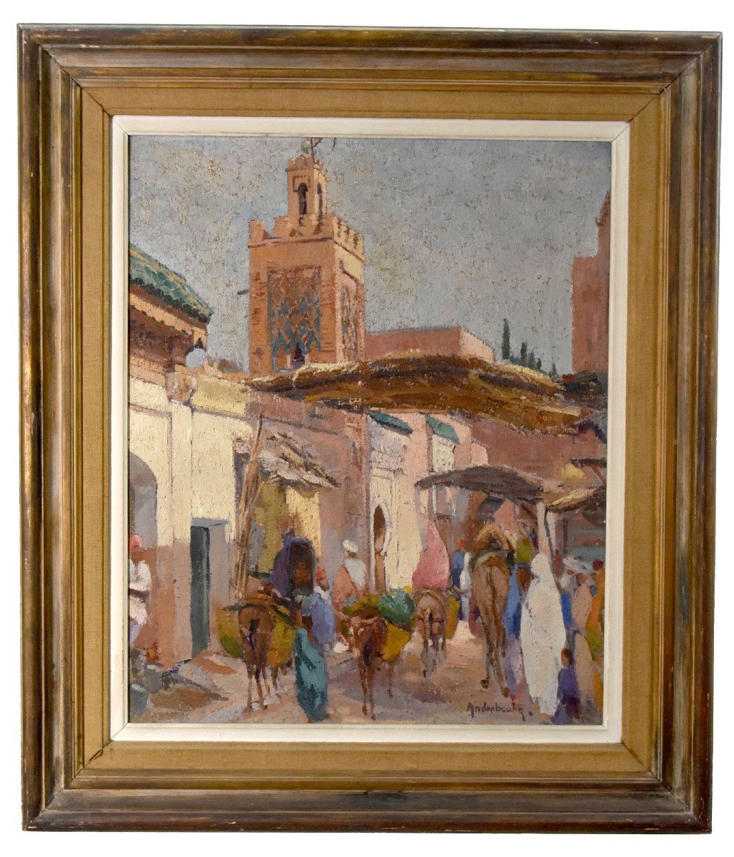 Oil On Canvas Mosque In Marakech By Paul Jean Anderbourh