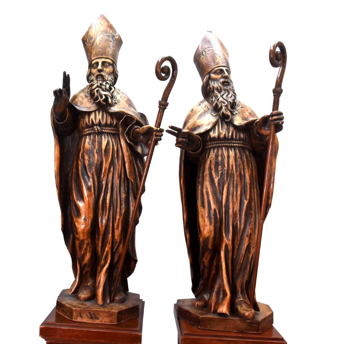 Pair Of Wooden Sculptures Representing 2 Bishops-photo-2