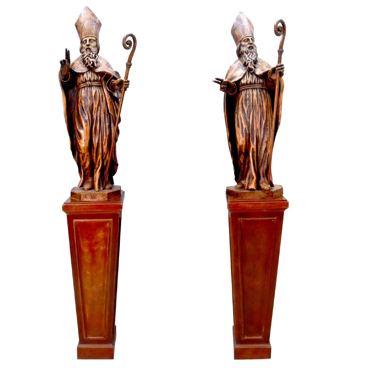 Pair Of Wooden Sculptures Representing 2 Bishops