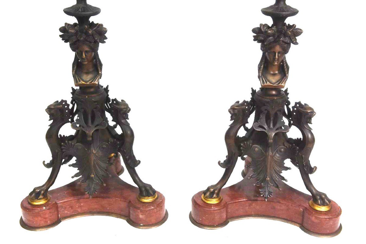 Bronze Candelabra Signed By Barbedienne Nineteenth (pair)-photo-1
