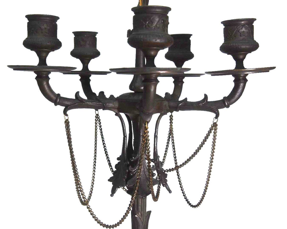 Bronze Candelabra Signed By Barbedienne Nineteenth (pair)-photo-5