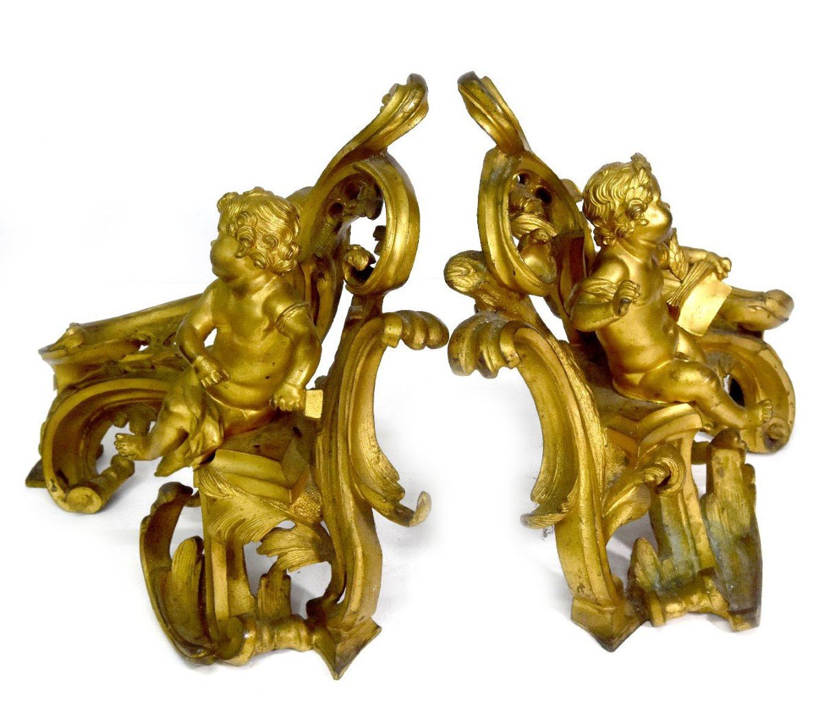 Louis XV Style Bronze Andirons Decorated With Acanthus Leaves And Nineteenth Babies (pair)-photo-2