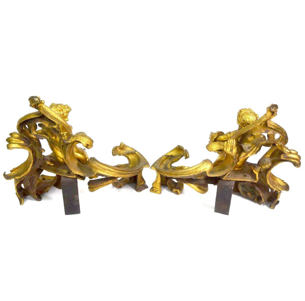 Louis XV Style Bronze Andirons Decorated With Acanthus Leaves And Nineteenth Babies (pair)-photo-3