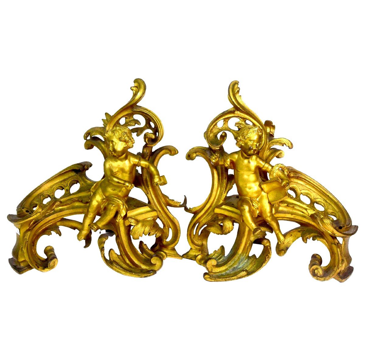 Louis XV Style Bronze Andirons Decorated With Acanthus Leaves And Nineteenth Babies (pair)