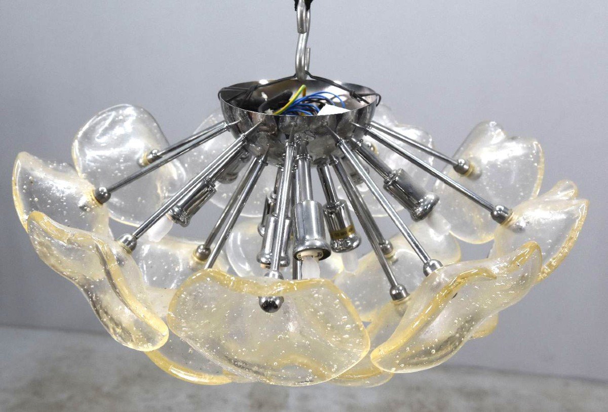 Vintage Italian Design Chandelier In Colored Glass Hemispherical Flowers-photo-4