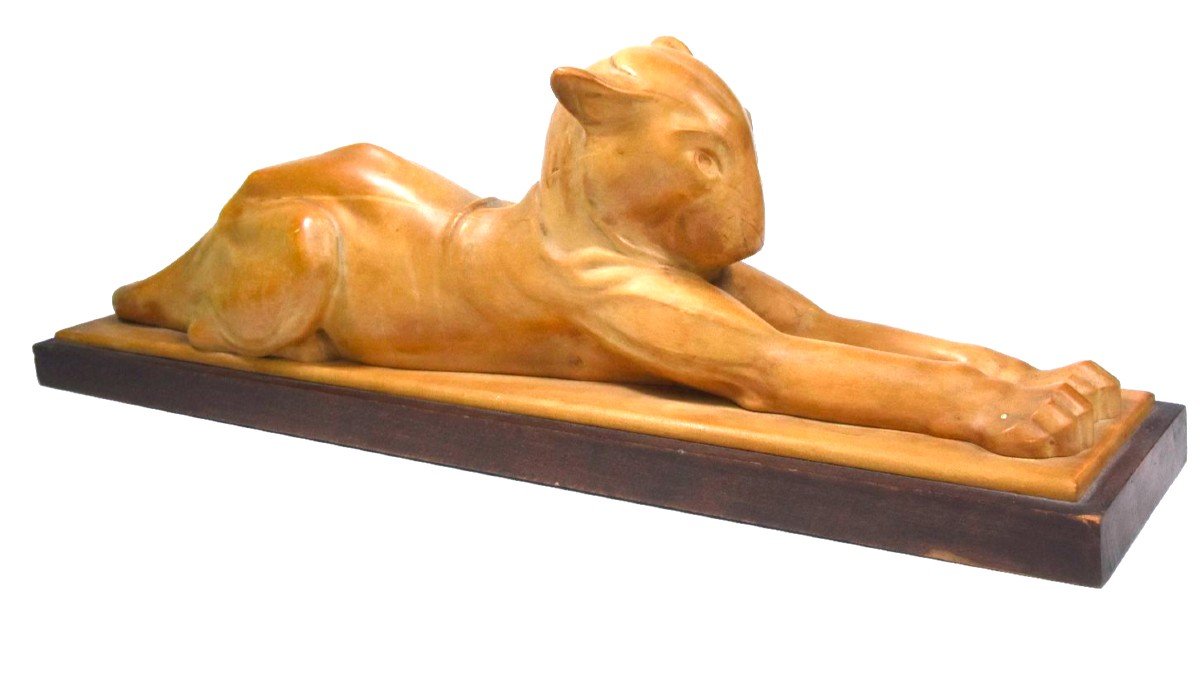 Sculpture En Bois d'Une Panthère Couchée Par Noël Ange Martini époque Art Déco