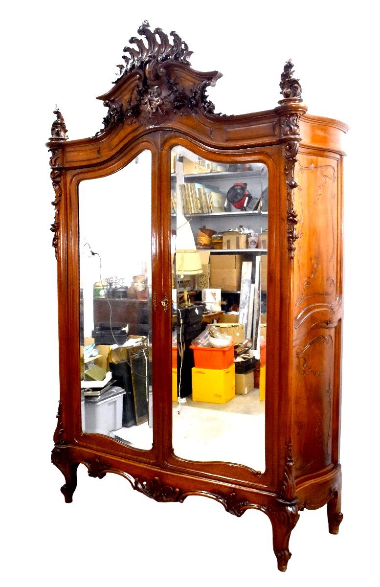 Exceptionnelle Armoire à Glaces Baroque De Style Louis XV Rocaille En Noyer Aux Bébés