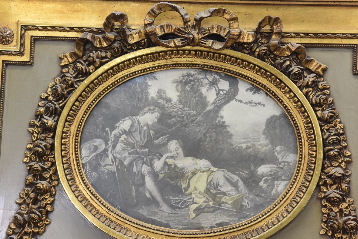 Louis XVI Style Trumeau In Wood And Golden Stucco Medallion Engraving-photo-2