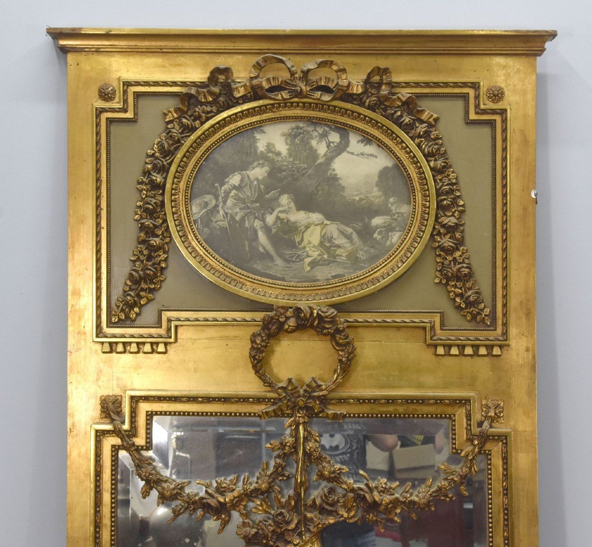 Trumeau De Style Louis XVI En Bois Et Stuc Doré Médaillon Gravure -photo-1