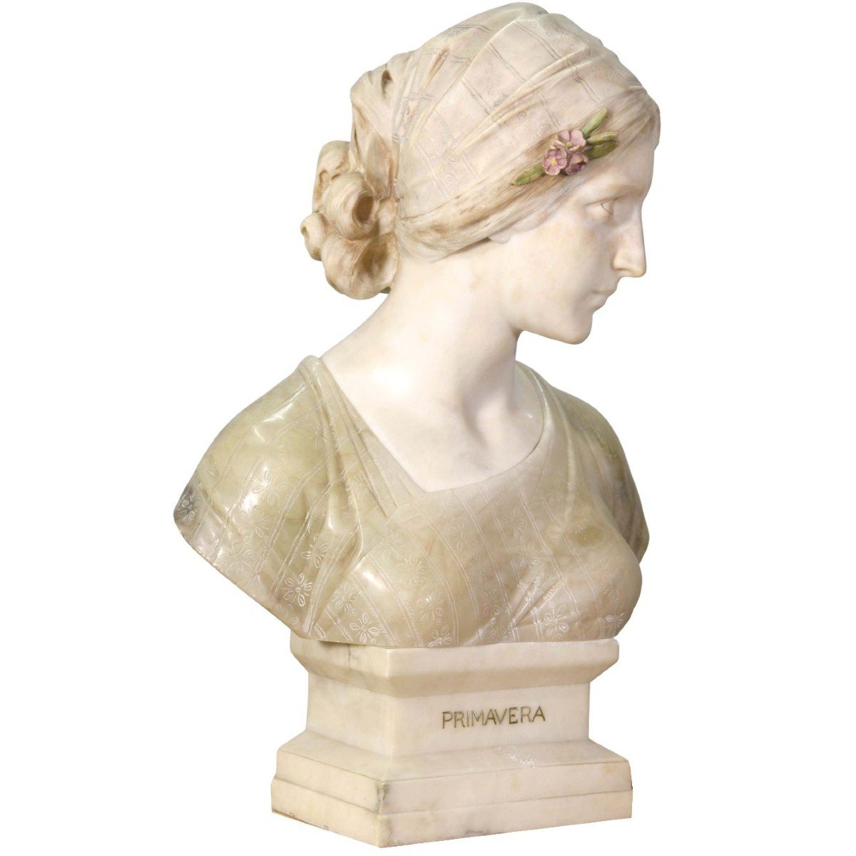 Buste De Jeune Femme En Marbre Et Albâtre -photo-2