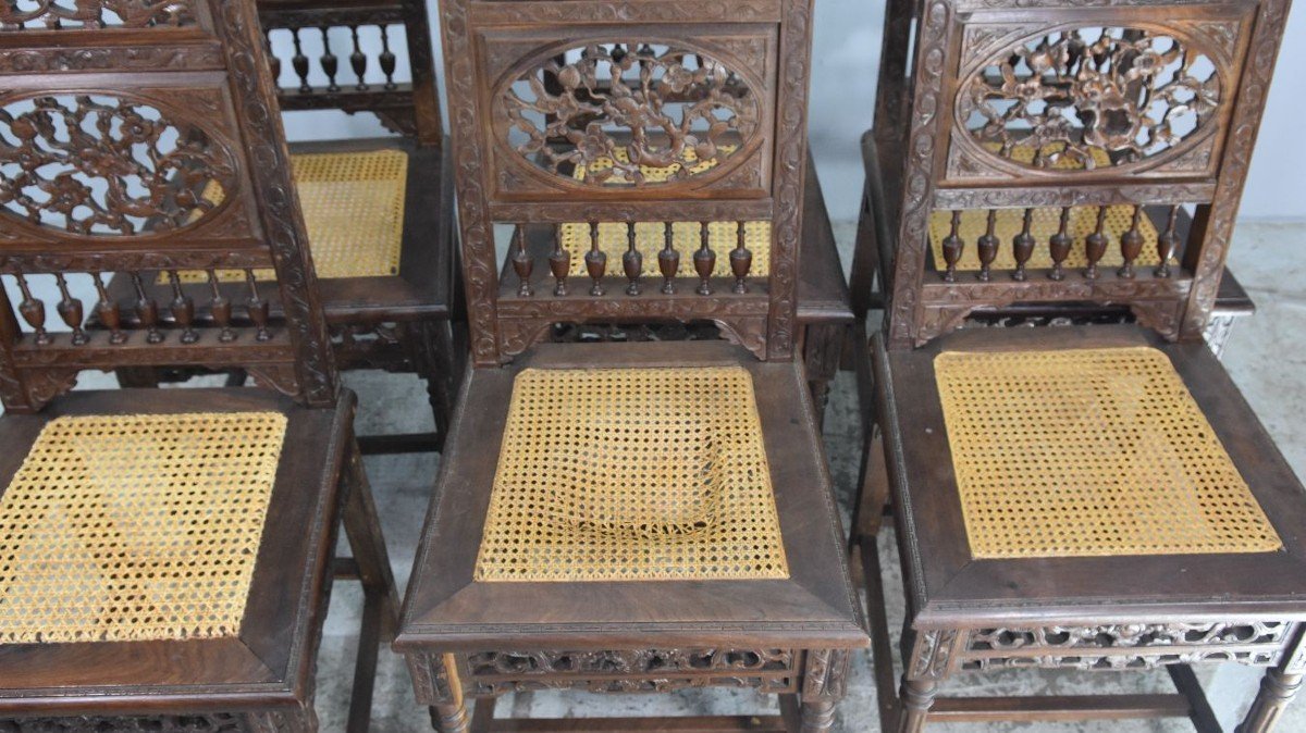 Rare Série De 6 Chaises En Palissandre Indochinoises à Décor De Dragons. -photo-2