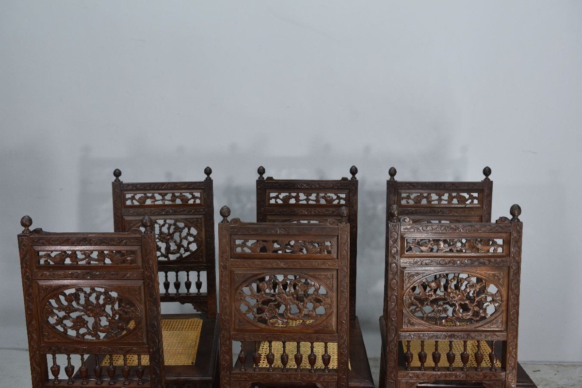 Rare Série De 6 Chaises En Palissandre Indochinoises à Décor De Dragons. -photo-3