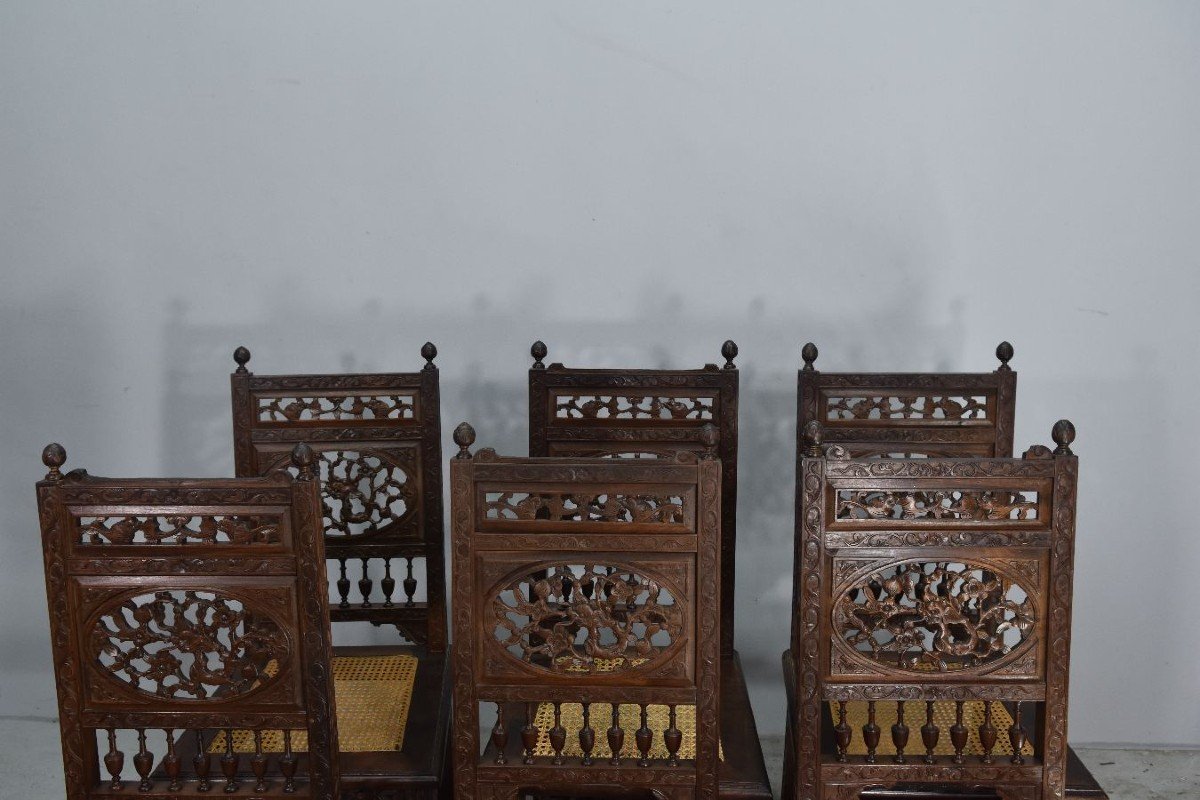 Rare Série De 6 Chaises En Palissandre Indochinoises à Décor De Dragons. -photo-4