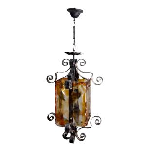 Series Of 3 Outdoor Garden Lanterns In Wrought Iron With Colored Glass Face