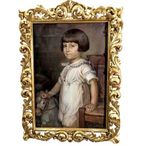 Paul Sarrut Young Girl With A Wooden Horse Painted In Pastel In Its Golden Wood Frame