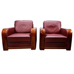 Art Deco Style Burgundy Leather Club Armchairs (pair)